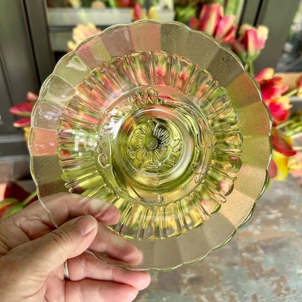 SET/6, NOVACRISA MEXICO, WILD ROSE FLORAL BLOSSOM, CLEAR BOWL WITH FROSTED RIM